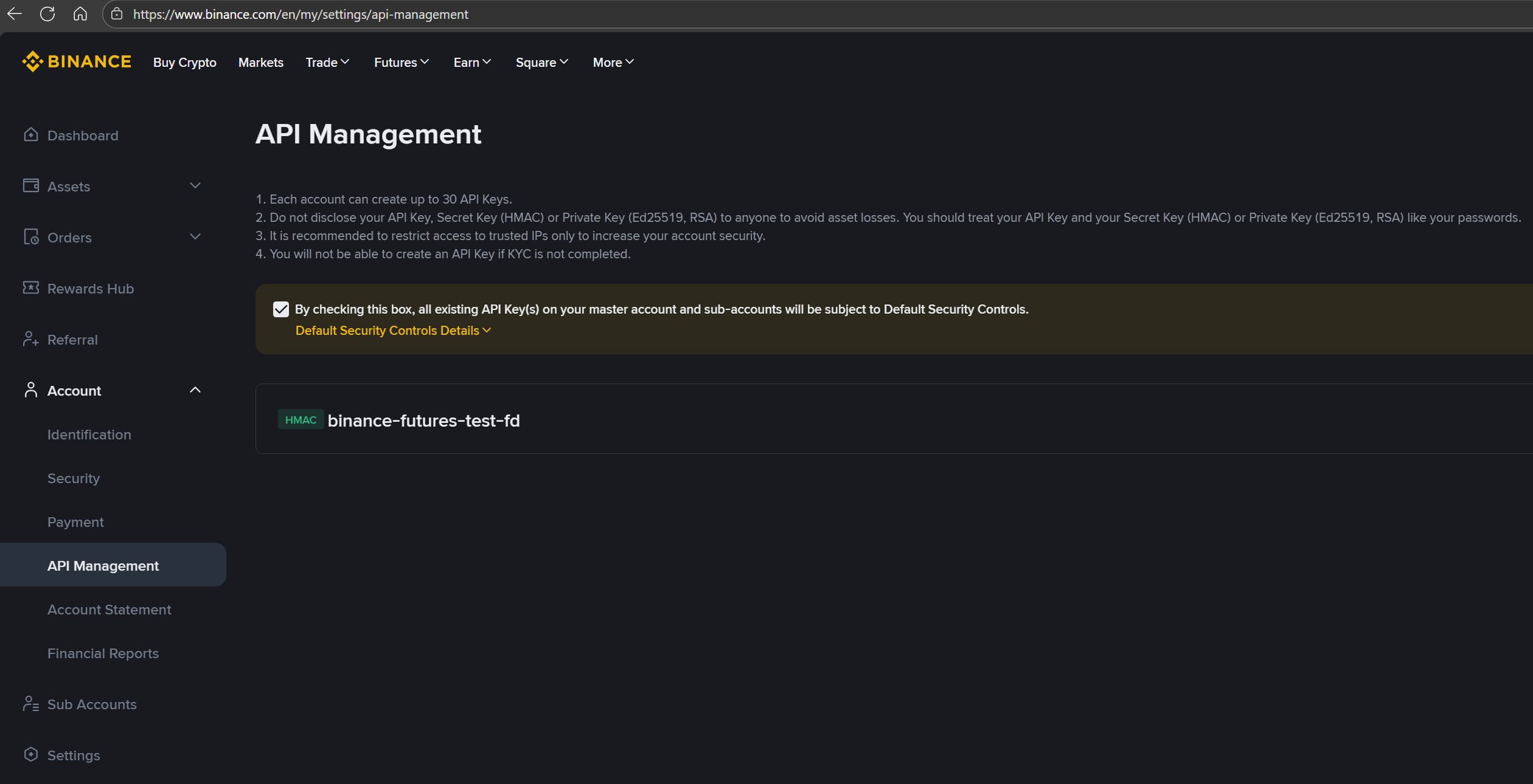 Binance API Management Step 1