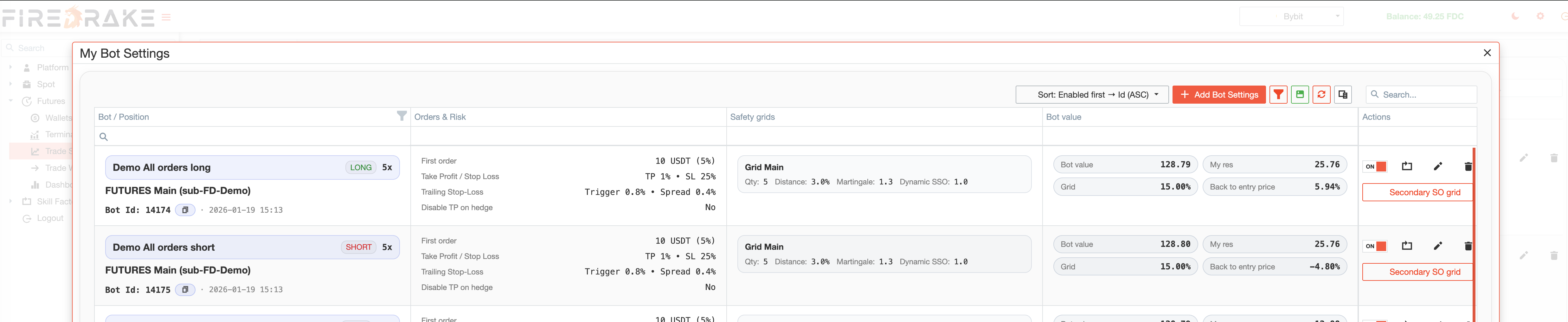Futures Bot Settings list