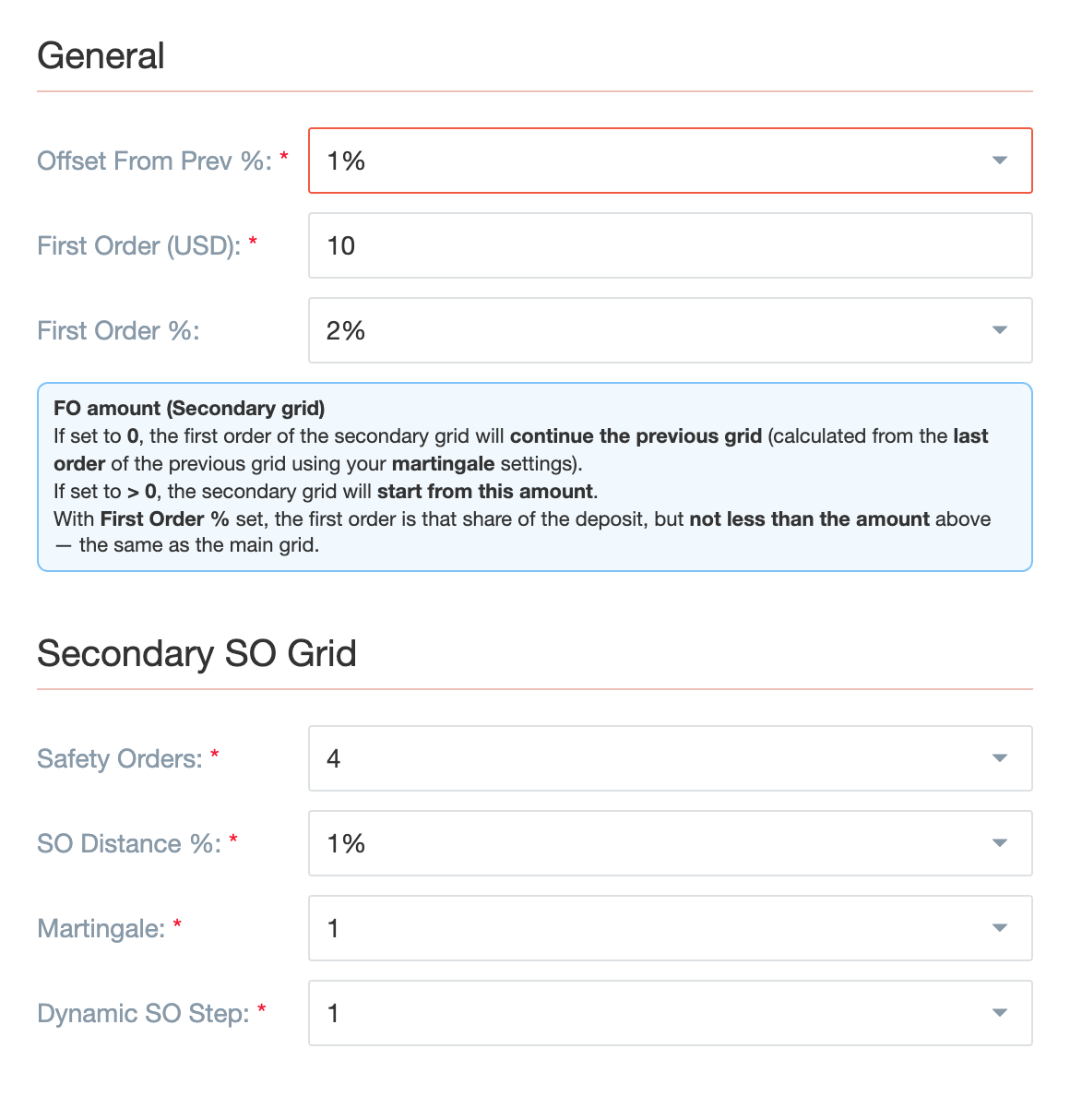 First order of a secondary grid as % of deposit