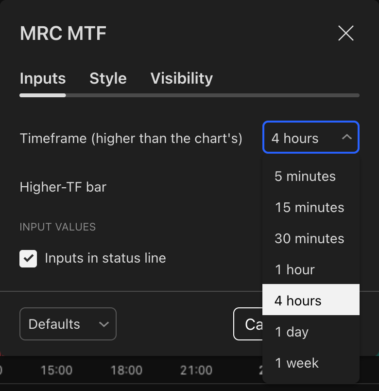 Inputs tab of the MRC MTF (FireDrake) study with the timeframe list open: from 5 minutes to 1 week