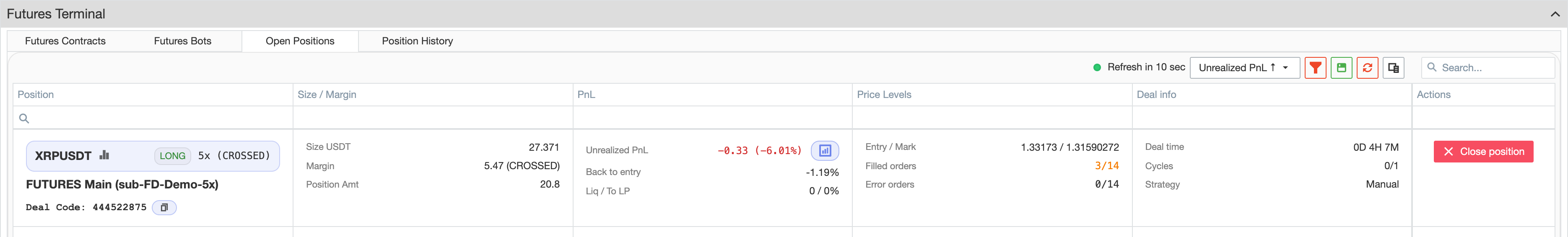 Open Positions grid in Futures Terminal