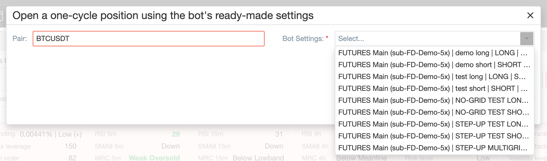 Opening a position from Futures Terminal Screener