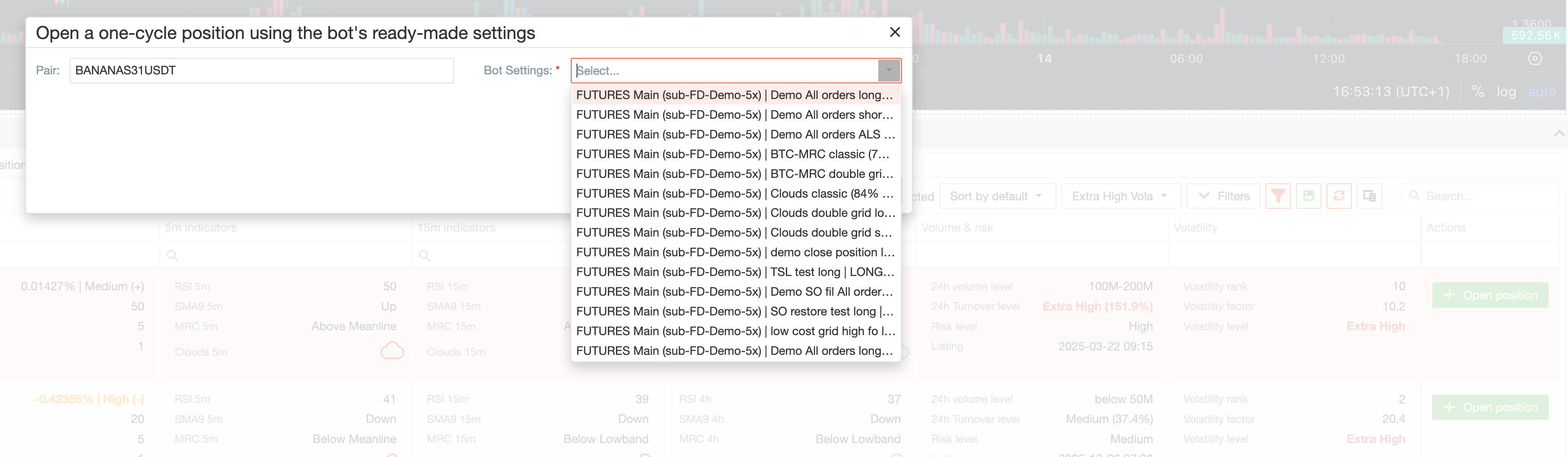 Opening a position from Futures Terminal Screener