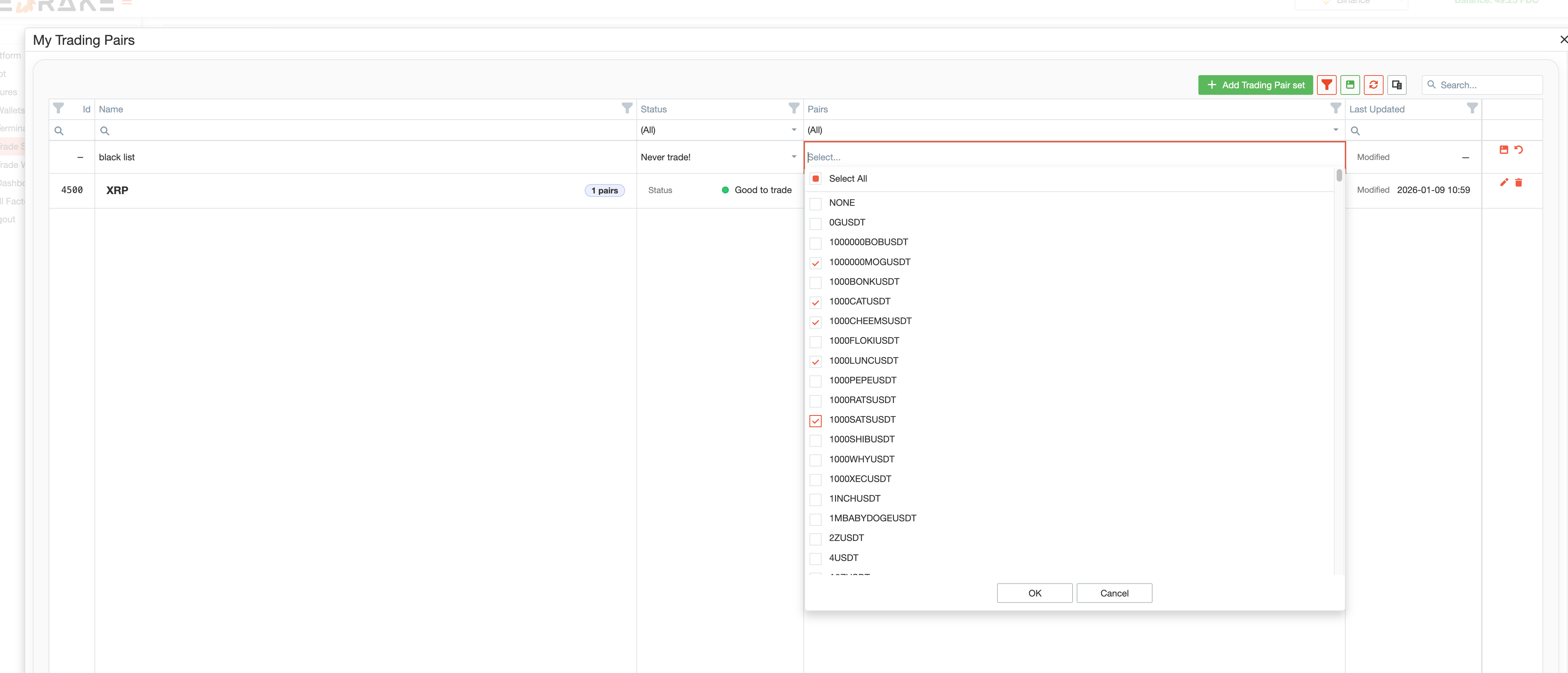 Editing Trading Pairs set