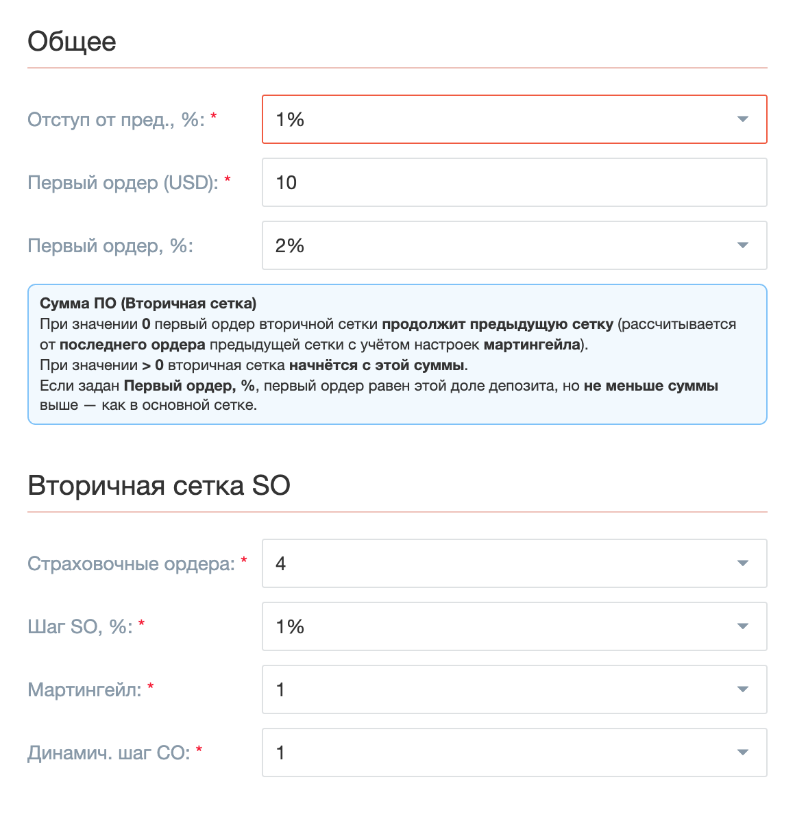 Первый ордер вторичной сетки в % от депозита