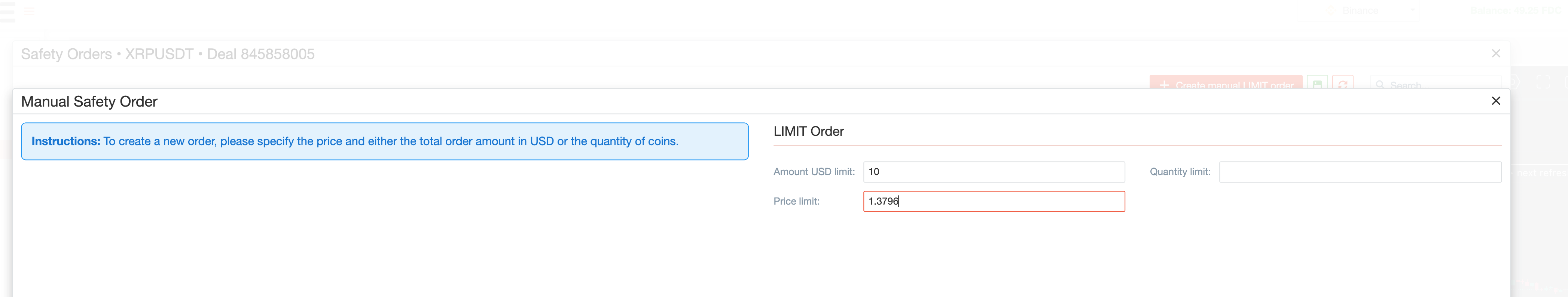 Manual Safety Order popup
