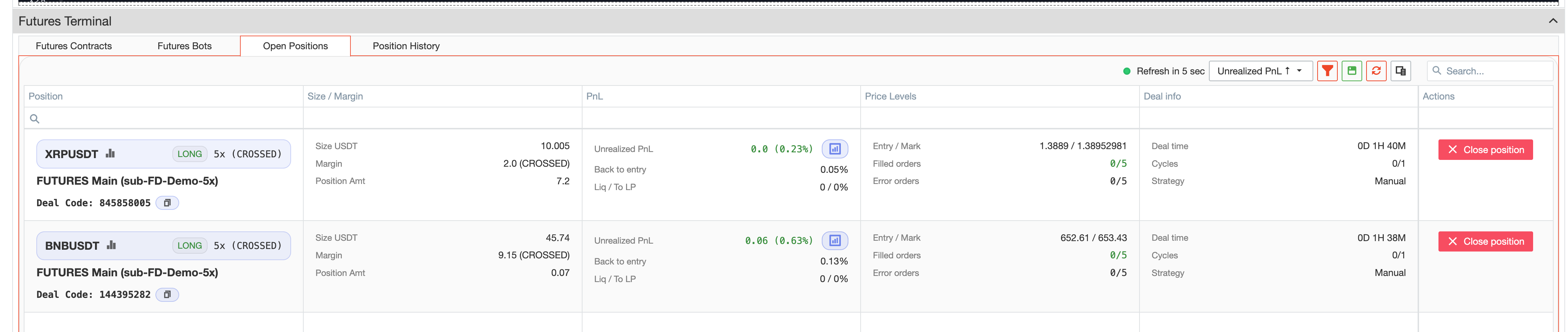 Open Positions grid in Futures Terminal