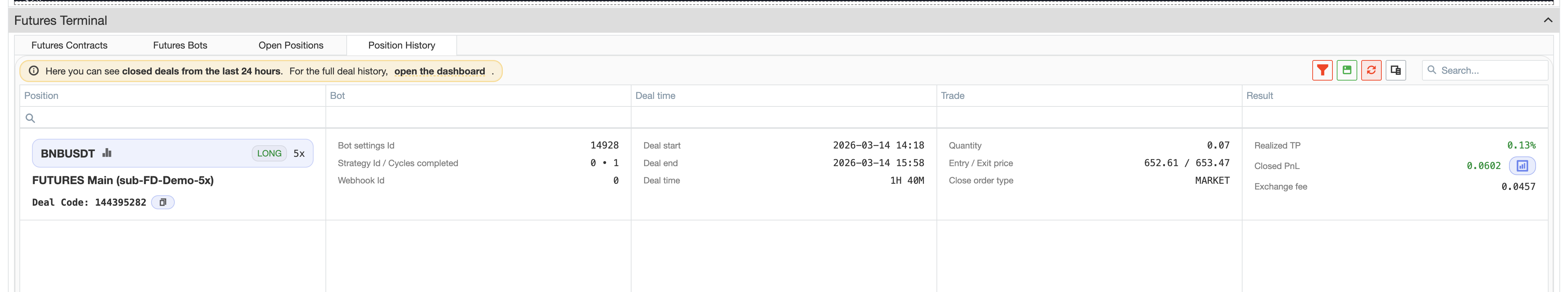 Position History grid in Futures Terminal